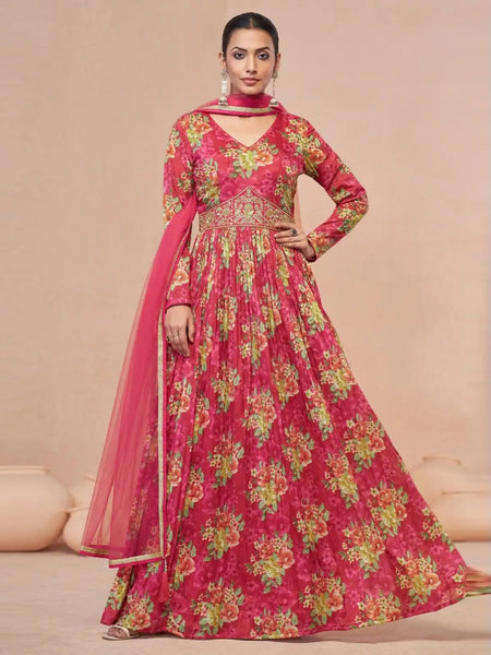 Red Indian Dress - Georgette & Net - Anarkali