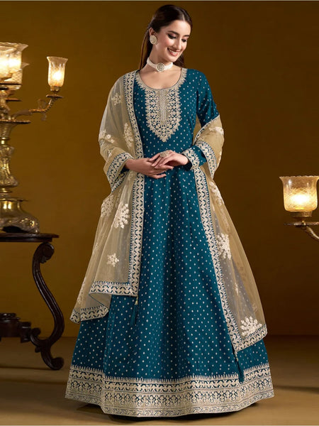 Blue Salwar Kameez - Chanderi Silk - Anarkali
