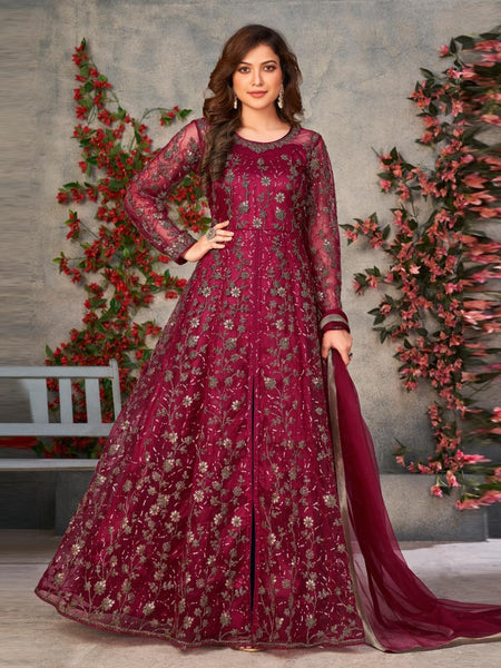 Anarkali Dress - Wine Red Net Heavy Sequins Luxury - Anarkali