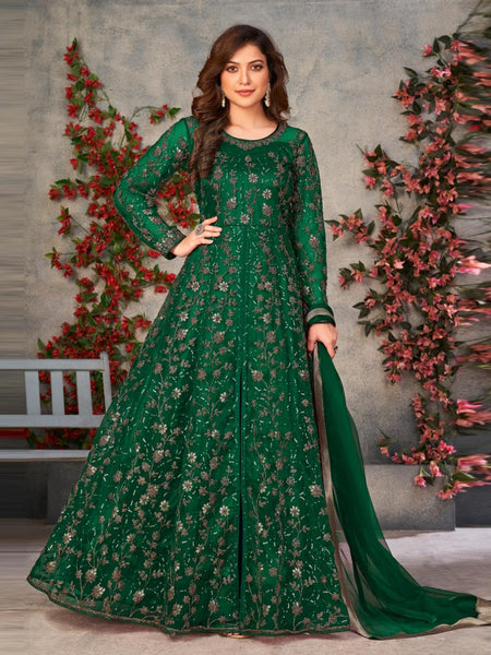 Anarkali Suits - Emerald Green Net Floral Embroidered Elegant - Anarkali