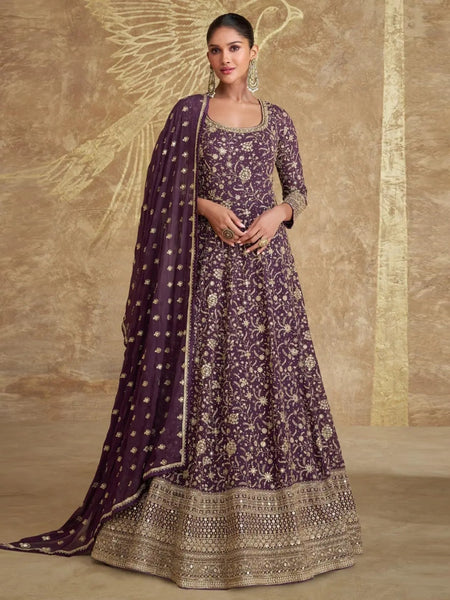 Purple Salwar Kameez - Real Georgette Embroidery - Anarkali