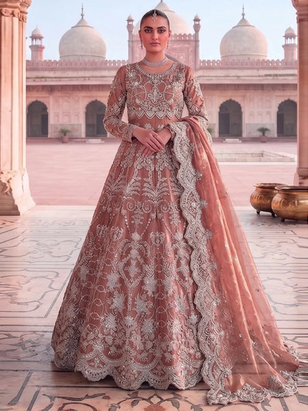 Anarkali Dress - Dusty Mauve Net Heavy Embroidered Luxury - Anarkali Dress