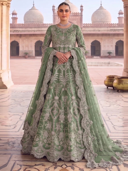 Anarkali Dress - Sage Green Twill Net Intricate Embroidered - Anarkali Dress