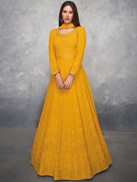 Plus-Sizes Salwar Kameez - Mustard Yellow Real Georgette Sequins Embroidered