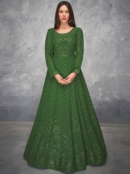 Plus-Sizes Salwar Kameez - Emerald Green Real Georgette Heavy Embroidered