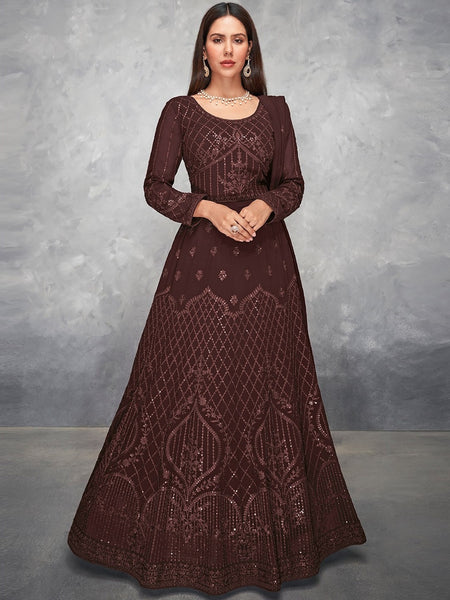 Plus-Sizes Salwar Kameez - Wine Real Georgette Heavy Sequins Embroidered