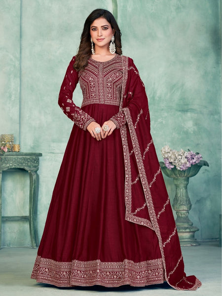 Red Indian Dress - Art Silk Embroidery - Anarkali
