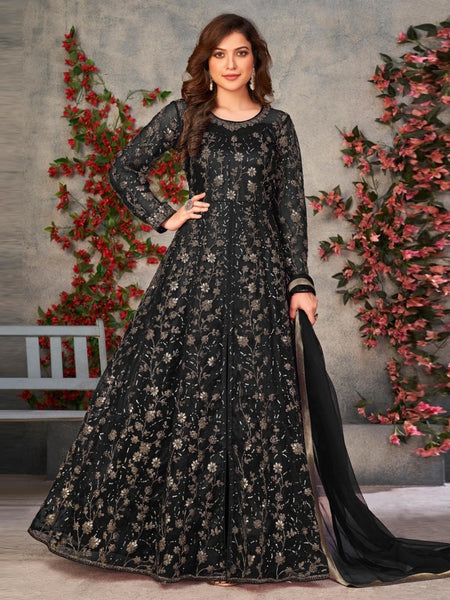 Anarkali Dress - Black Net Heavy Embroidered Elegant - Anarkali Dress