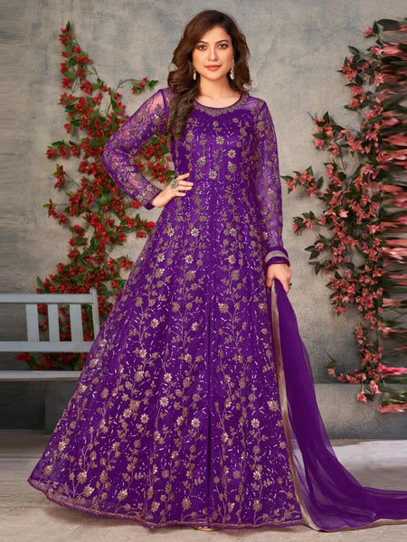 Anarkali Dress - Purple Net Heavy Embroidered Elegant Luxury