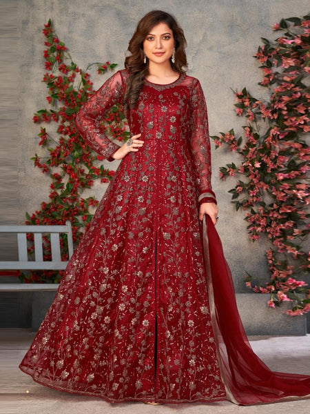 Anarkali Dress - Maroon Net Heavy Embroidered Royal Luxury Wear