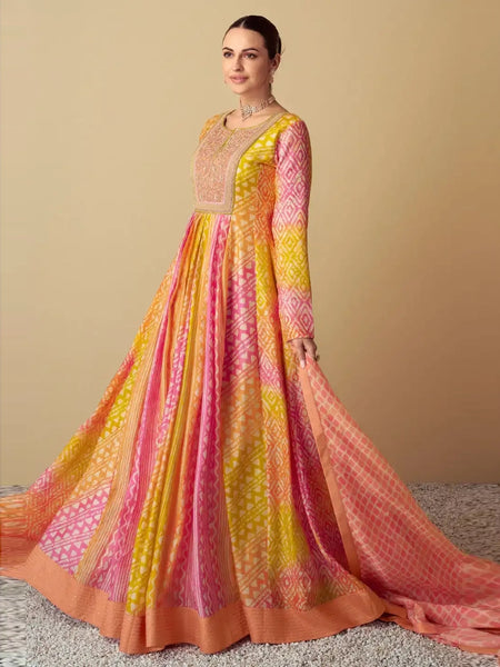 Pant Salwar Kameez - Pink Muslin Embroidered - Anarkali Dress