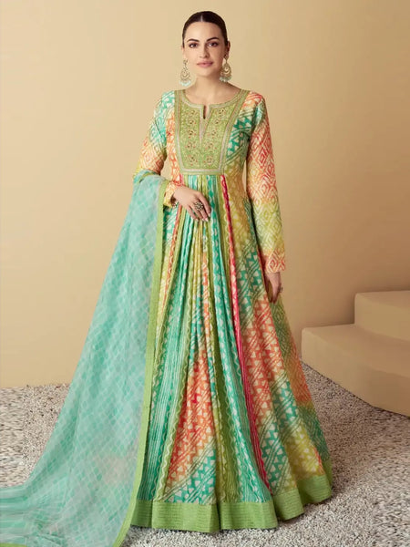 Pant Salwar Kameez - Sea Green Muslin Embroidered - Anarkali Dress