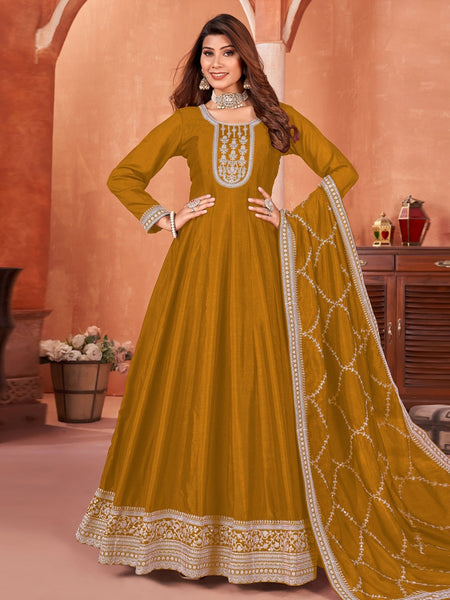 Yellow Salwar Kameez - Art Silk - Anarkali Dress