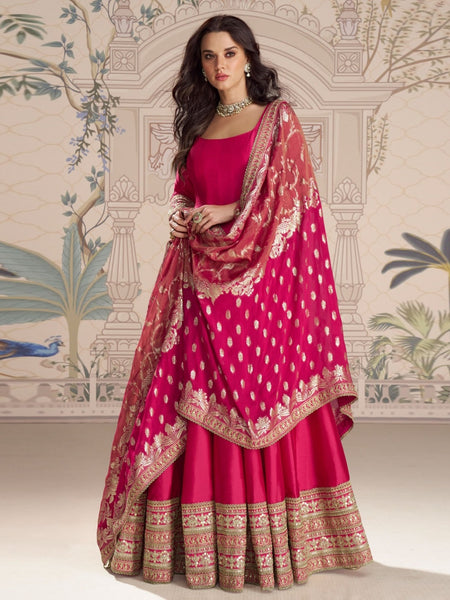 Anarkali Dress - Rani Pink Silk Heavy Embroidered A-Line Designer Formal Wear - Anarkali Dress
