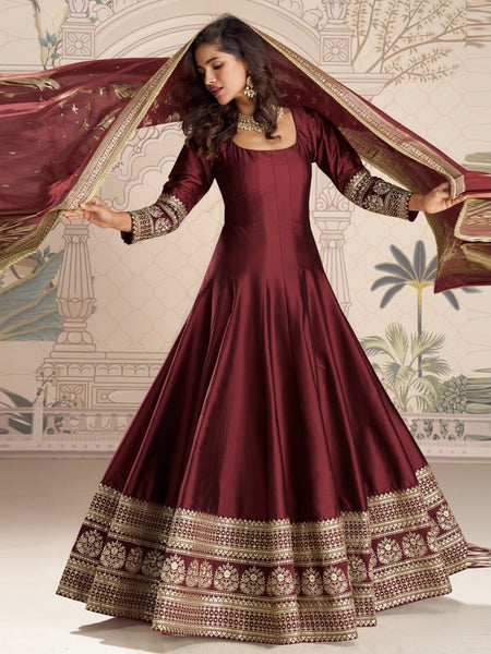 Anarkali Dress - Wine Maroon Silk Heavy Embroidered Designer Formal Wear - Anarkali Dress