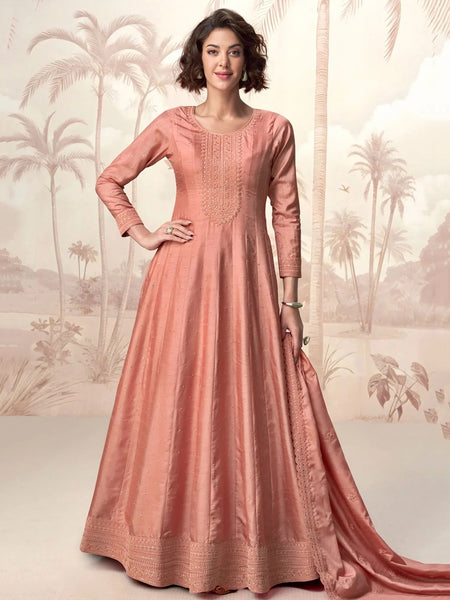 Anarkali Dress - Peach Premium Silk Embroidered Designer - Anarkali Dress