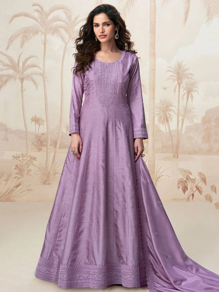 Anarkali Dress - Lavender Premium Silk Embroidered Luxury - Anarkali Dress
