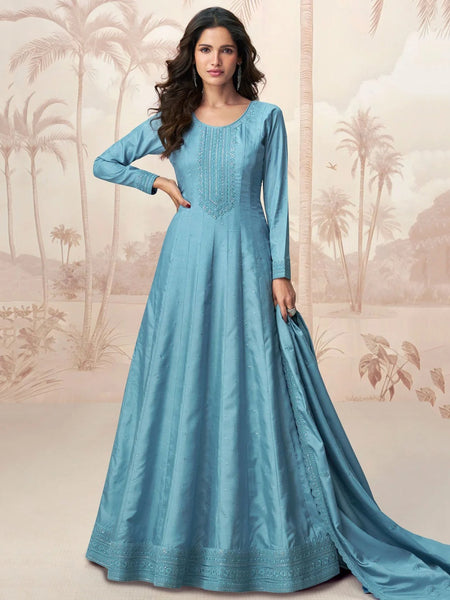 Anarkali Dress - Sky Blue Premium Silk Embroidered Elegant - Anarkali Dress