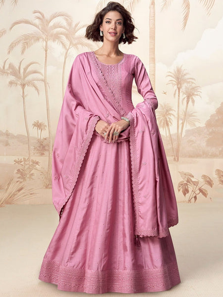Anarkali Suits - Rose Pink Premium Silk Embroidered Royal - Anarkali Dress