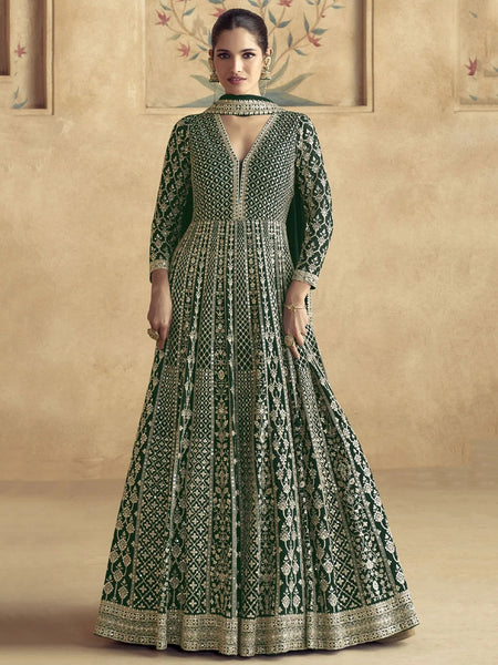 Party Salwar Kameez - Emerald Green Georgette Intricate Embroidered - Anarkali Dress