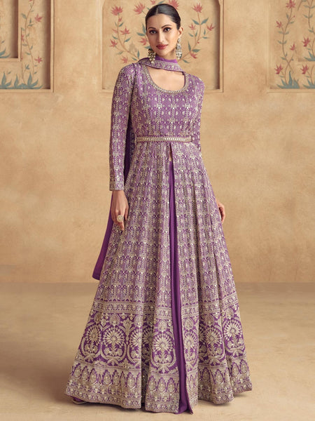 Party Salwar Kameez - Lavender Georgette Zari Embroidered Couture - Anarkali Dress