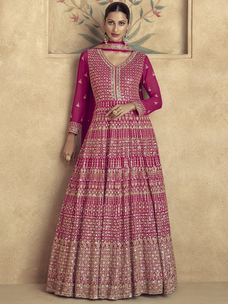 Party Salwar Kameez - Fuchsia Georgette Heavy Embroidered Royal - Anarkali Dress