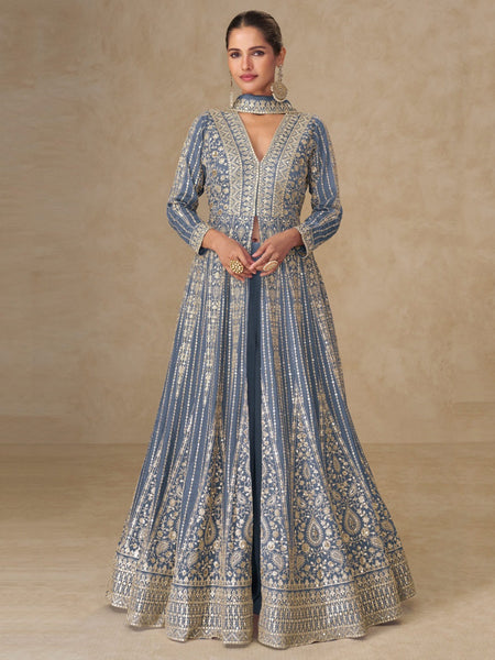 Anarkali Dress - Dusty Blue Chinnon Silk Heavy Wedding Wear - Anarkali Dress