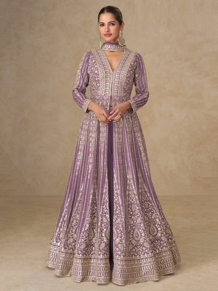 Anarkali Dress - Lavender Chinnon Silk Heavy Embroidered - Anarkali Dress