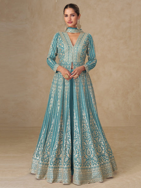 Anarkali Suits - Aqua Chinnon Silk Heavy Luxe - Anarkali Dress