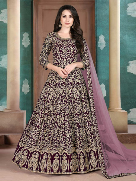 Plus-Sizes Salwar Kameez - Plum Georgette Intricate Embroidered - Anarkali Dress