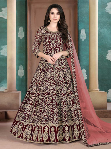 Plus-Sizes Salwar Kameez - Burgundy Georgette Intricate Embroidered - Anarkali Dress