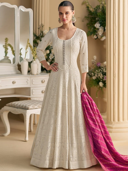 Plus-Sizes Indian Dress - ChikanKari Georgette - Anarkali Suit