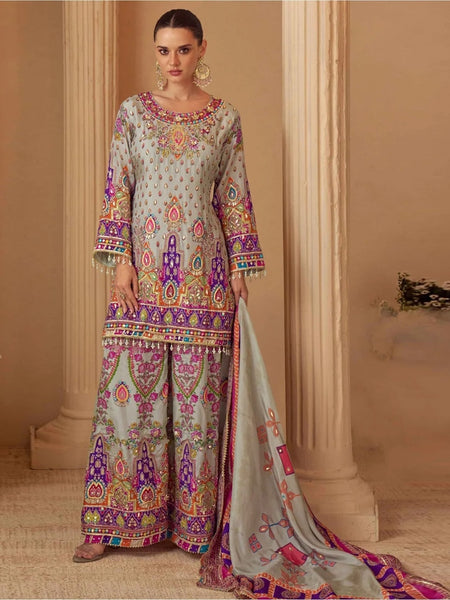 Plus-Sizes Salwar Kameez - Silver Grey Crepe Silk Floral Embroidered Premium
