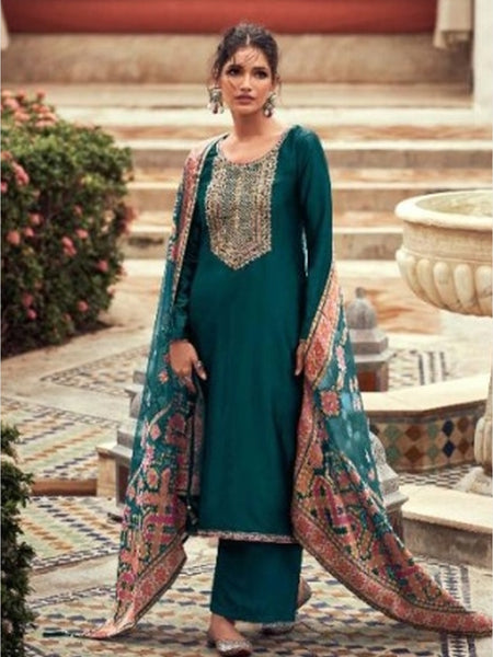 Silk Salwar Kameez - Teal Dream Silk Intricate Straight Cut