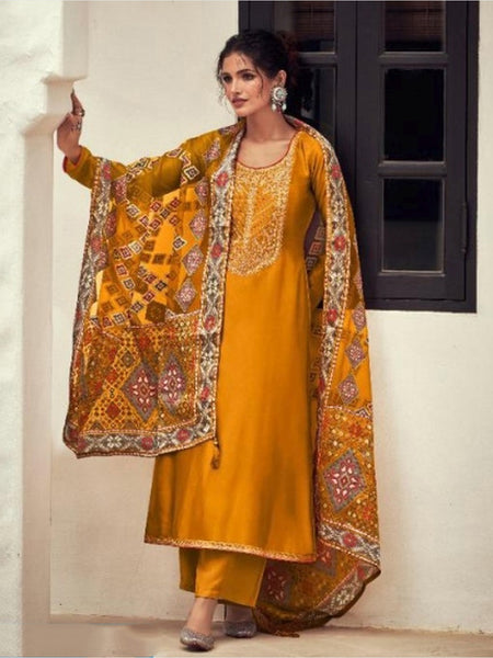 Silk Salwar Kameez - Mustard Yellow Dream Silk Embroidered