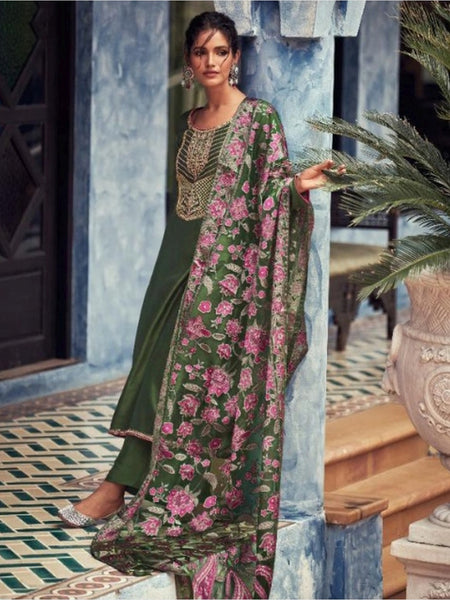  Salwar Kameez - Olive Green Dream Silk Floral Printed
