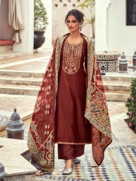  Salwar Kameez - Rust Brown Dream Silk Heavy Embroidered