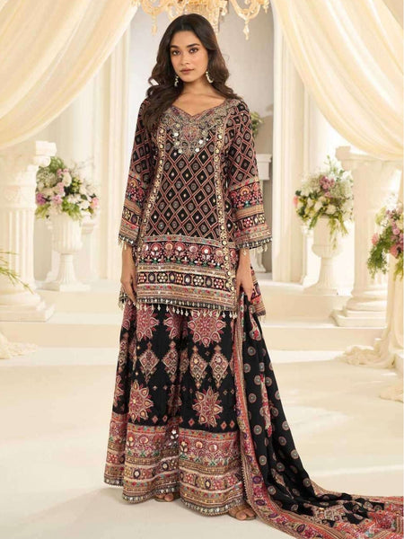 Pant Indian Dress - Black Crepe Silk Hand Aari Embroidered Luxury