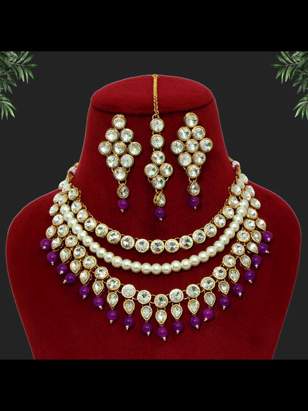 Necklace Indian Jewelry - Kundan & Pearl Necklace with Tikka