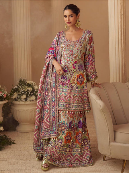 Plus-Sizes Salwar Kameez - Ivory Lawn Intricate Embroidered Palazzo Style