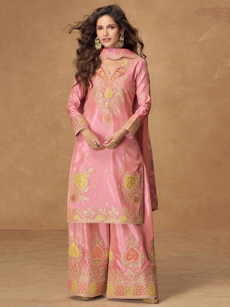 Party Salwar Kameez - Blush Pink Simar Silk Floral Embroidered Elegant