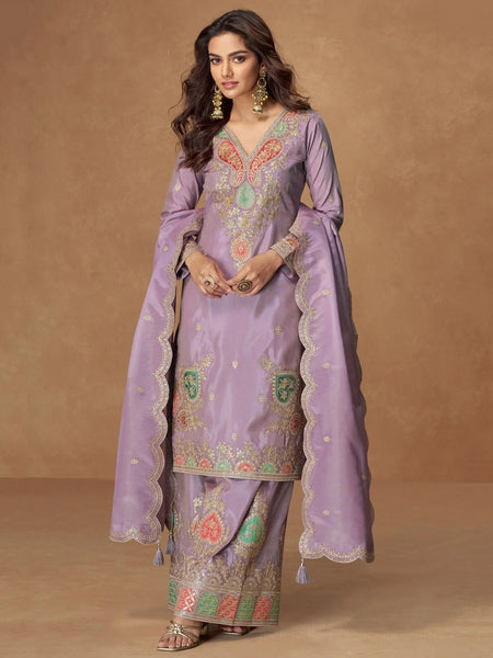 Party Salwar Kameez - Lavender Simar Silk Resham Embroidered Luxury