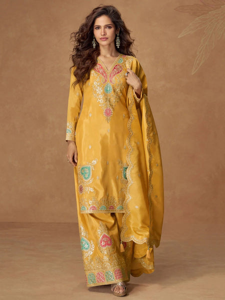 Party Salwar Kameez - Mustard Yellow Simar Silk Zari Embroidered