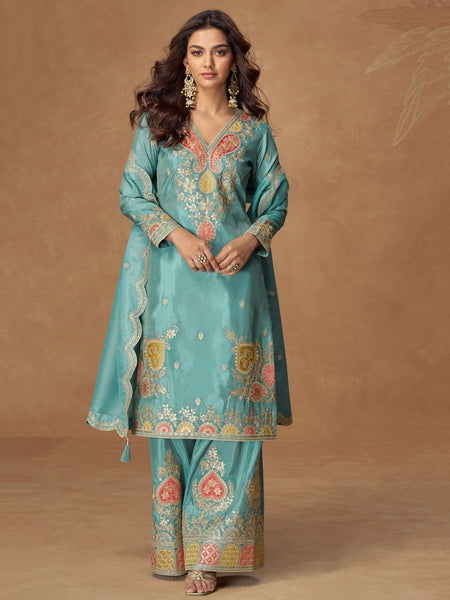 Party Salwar Kameez - Aqua Simar Silk Ethnic Motifs Embroidered Palazzo