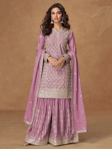  Indian Dress - Lilac Pink Chinnon Silk Zari Embroidered Sharara