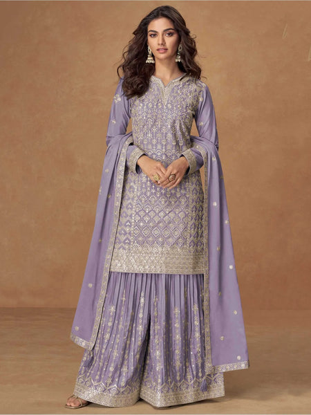  Indian Dress - Lavender Chinnon Silk Intricate Threadwork Sharara