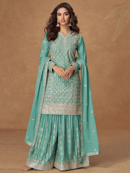  Indian Dress - Sea Green Chinnon Silk Zari Embroidered Sharara