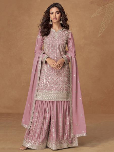  Indian Dress - Dusty Rose Chinnon Silk Heavy Embroidered Sharara