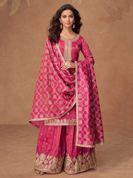  Salwar Kameez - Fuchsia Pink Simar Silk Zari Work Sharara Luxury