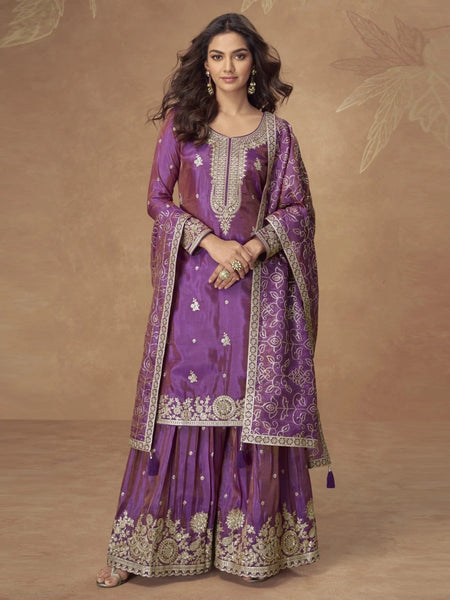  Salwar Kameez - Royal Purple Simar Silk Heavy Embroidered Sharara